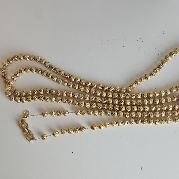 Triple Strand Gold Beaded Necklace - Picture 4 of 8